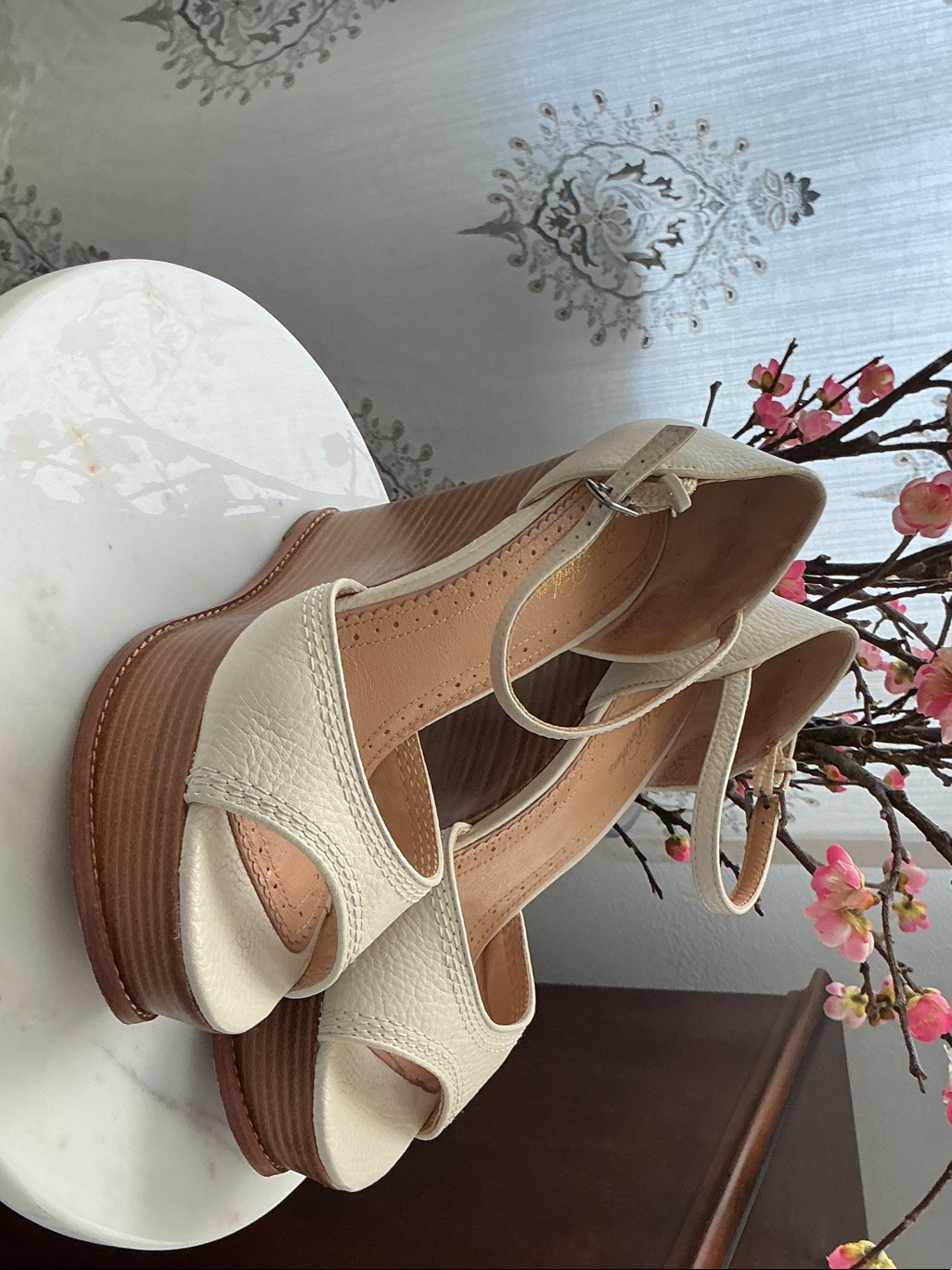 Brooks Brothers Cream Leather Wedge Sandals With Ankle Strap